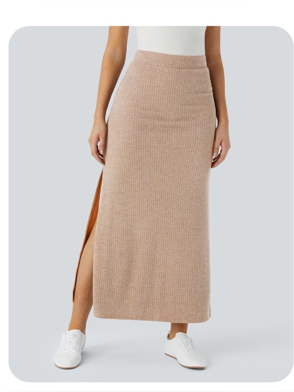 HALARA Ribbed Knit Maxi Skirt with Side Slit - Beige
